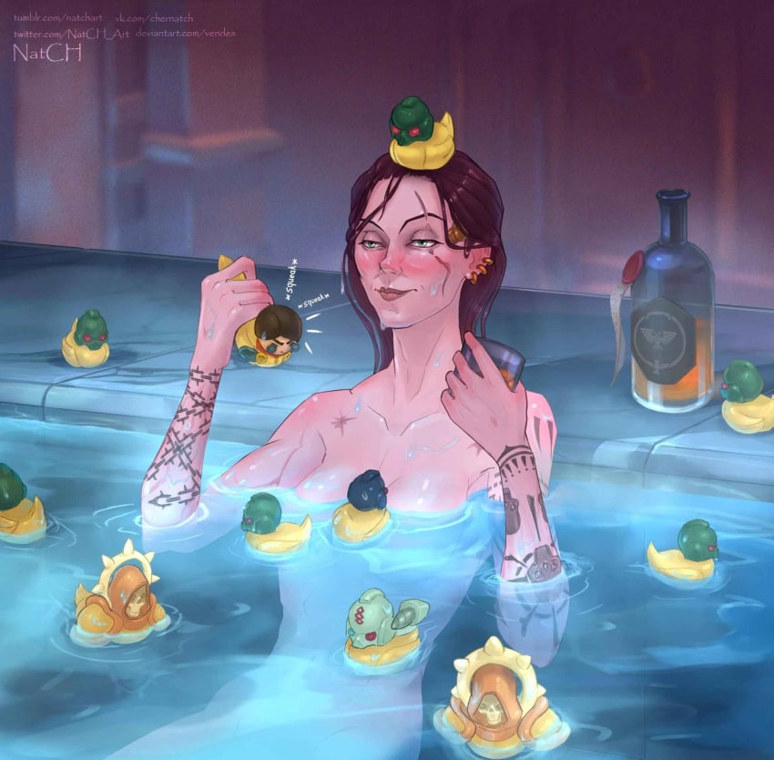 1girls adeptus_astartes bath bathing bathroom brown_hair drunk female green_eyes naked naked_female natch_(artist) nude nude_female purity_seal rubber_duck space_marine tagme tatoos warhammer_(franchise) warhammer_40k