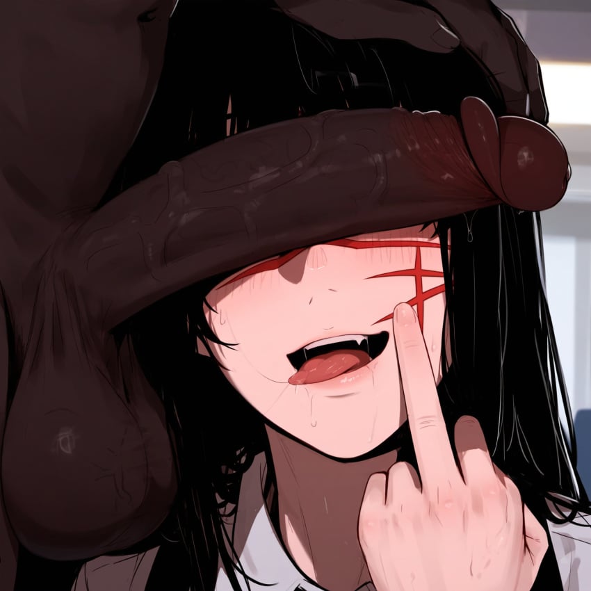 1girls after_oral ai_generated black_hair cant_see_the_haters chainsaw_man dark-skinned_male demon demon_girl devil devil_girl female flipping_off heroine interracial large_penis light-skinned_female middle_finger open_mouth penis_covering_eyes penis_in_front_of_face scar scar_on_face straight tongue tongue_out yoru_(chainsaw_man)