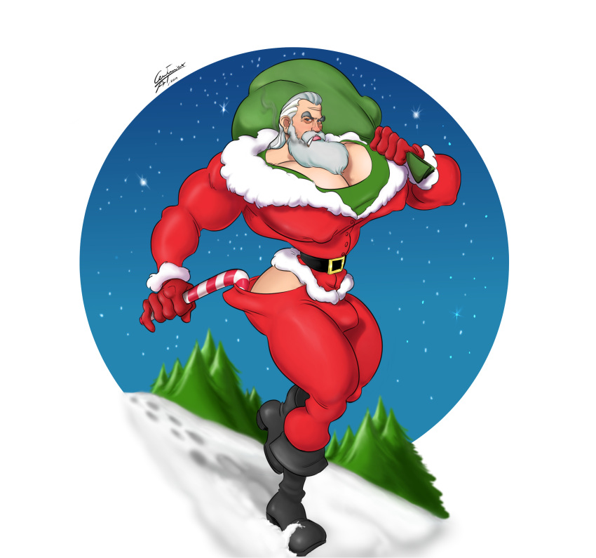 1boy ass_peek bara bara_tiddies bara_tits beard big_breasts big_butt big_pecs big_tits boots bubble_butt bulge busty_boy candy_cane centurioxart christmas cleavage dilf facial_hair gay gdilf gift_sack gilf gray_hair holiday huge_breasts huge_chest huge_pecs long_bear male male_cleavage male_only night nighttime nipple_bulge sack santa_claus slutty_waist snow solo solo_male stars tight_pants