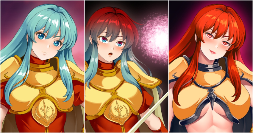 1girls aqua_hair bare_midriff bikini_armor blue_eyes blue_hair breastplate breasts corruption eirika_(fire_emblem) empty_eyes female female_only femsub fire_emblem fire_emblem:_the_sacred_stones frown glowing_eyes haryudanto large_breasts lipstick long_hair looking_at_viewer magic medium_breasts midriff multicolored_hair nintendo open_mouth orb red_eyes red_hair red_lips red_lipstick revealing_clothes shirt short_sleeves shoulders smug solo sword transformation underboob weapon