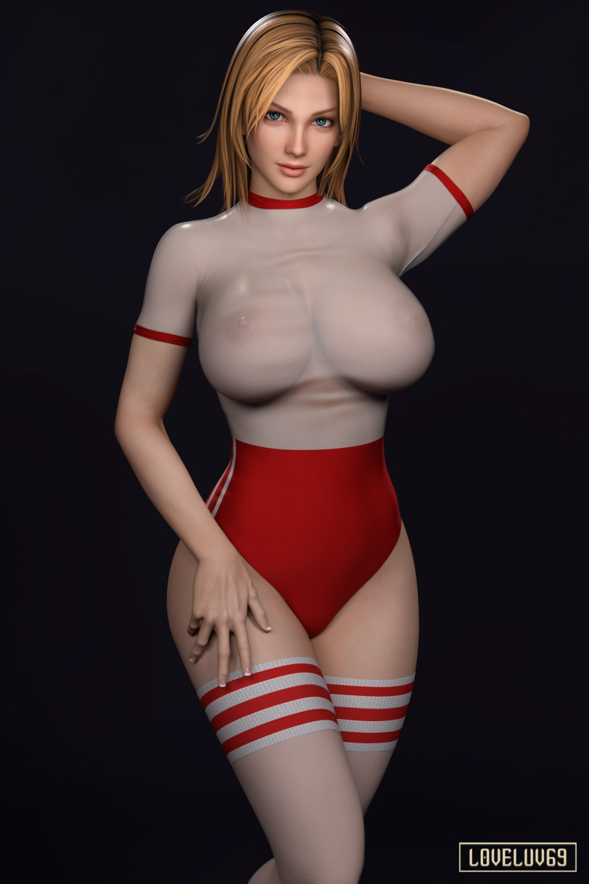 3d areolae big_breasts blonde_hair blue_eyes breasts busty dead_or_alive erect_nipples female female_focus female_only hourglass_figure large_breasts long_hair loveluv69 nipples pinup pinup_pose see-through see-through_clothing sports_uniform sportswear tagme thighhighs tina_armstrong uniform wide_hips