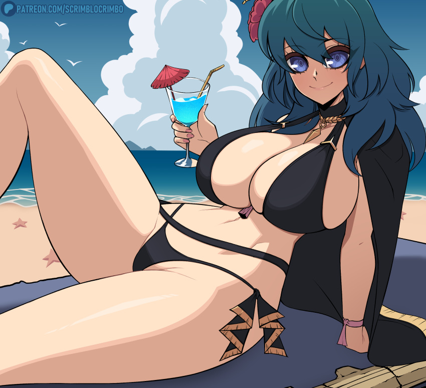 1girls alternate_costume bare_arms bare_midriff bare_thighs beach bikini black_bikini black_swimsuit blue_eyes breasts byleth_(female)_(summer)_(fire_emblem) byleth_(fire_emblem) byleth_(fire_emblem)_(female) byleth_(summer)_(fire_emblem)_(female) cape cleavage day drink fire_emblem fire_emblem:_three_houses fire_emblem_heroes flower glass hair_between_eyes hair_flower hourglass_figure large_breasts long_hair looking_at_viewer midriff nintendo nipples ocean official_alternate_costume outdoors scrimblocrimbo sideboob sitting skindentation smile solo swimsuit sword sword_of_the_creator teal_hair thighs weapon wide_hips