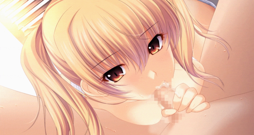 1boy 1girls animated atelier_kaguya blonde_hair censored close-up completely_nude completely_nude_female fellatio game_cg grabbing_penis kajuu_100 looking_at_viewer nude oral orange_eyes pov_eye_contact short_hair twintails umimori_ayane yoppy