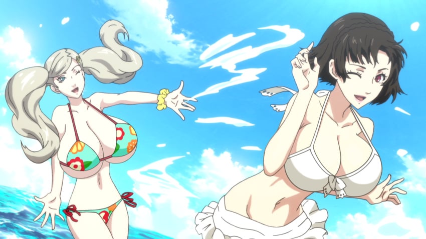 alternate_breast_size ann_takamaki asian asian_bimbo asian_female big_breasts bikini bimbo black_hair blonde_hair breast_expansion breasts_bigger_than_head byleths200 edit edited huge_breasts makoto_niijima official_style paag persona persona_5 screenshot_edit seaside swimsuit twintails