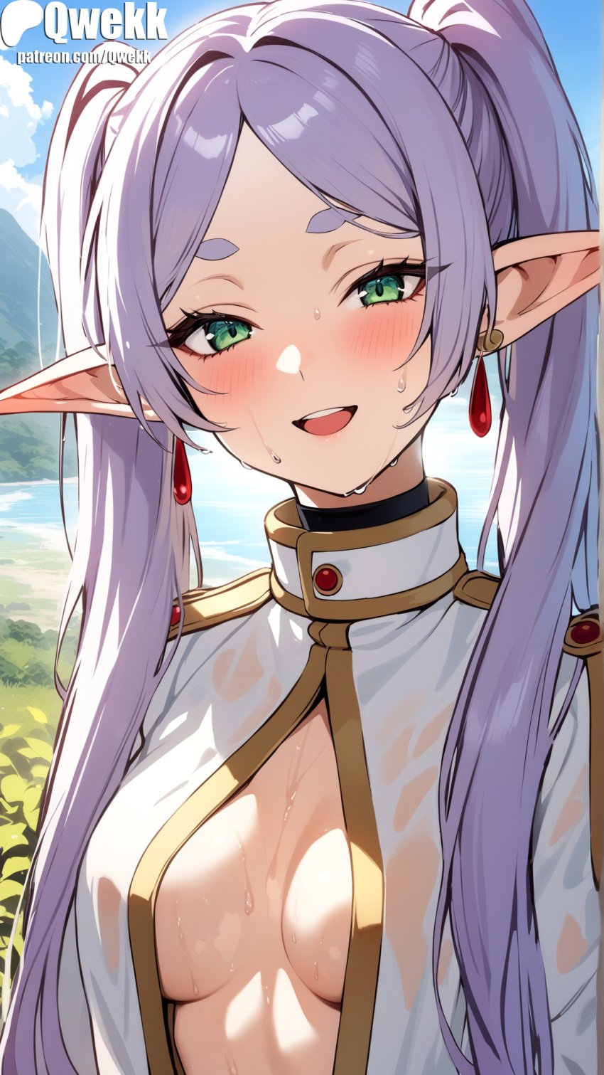 1girls ai_generated apron blush breasts cute elf elf_ears elf_female elf_girl female female_focus female_only frieren green_eyes light-skinned_female light_skin long_hair looking_at_viewer qwekk sousou_no_frieren stable_diffusion sweat white_hair wide_hips