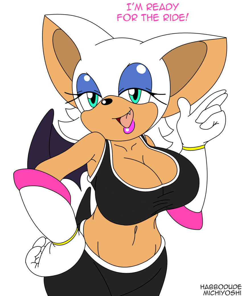 anthro bat big_breasts blue_eyes breasts cleavage english_text female female_focus female_only gloves habbodude hair michiyoshi navel open_mouth plain_background rouge_the_bat rouge_the_rider sega smile solo sonic_(series) sonic_riders sports_bra tank_top text white_background white_hair wings