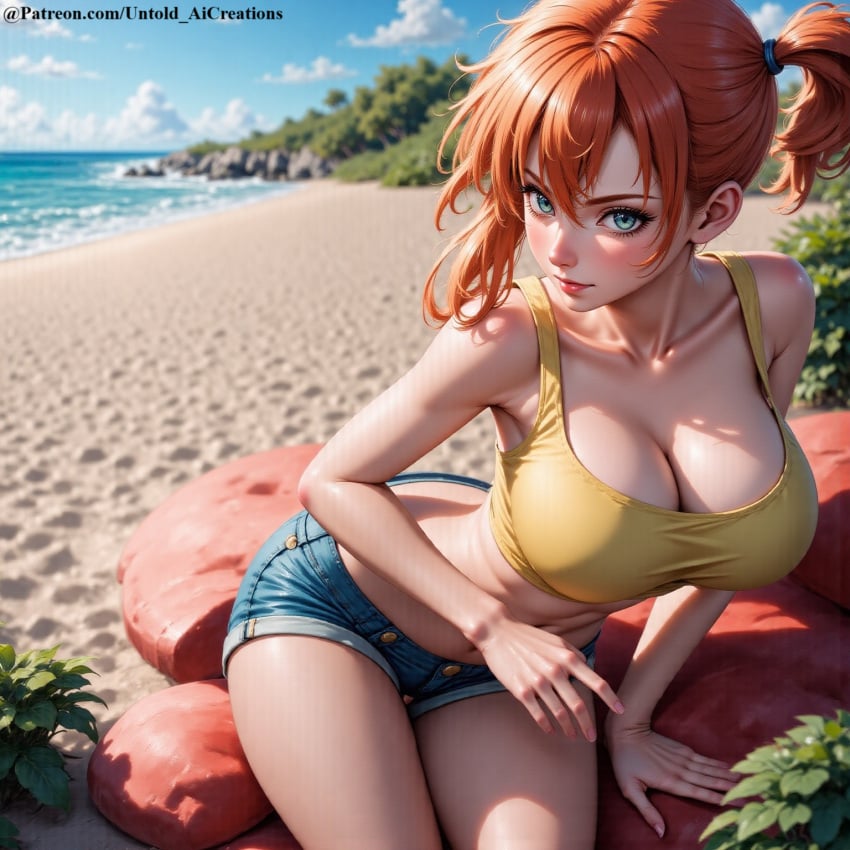 1girls ai_generated cleavage clothing female female_only kasumi_(pokemon) looking_at_viewer no_sex not_porn orange_hair pokemon safe seductive short_hair shorts untold_aicreations untoldcreate