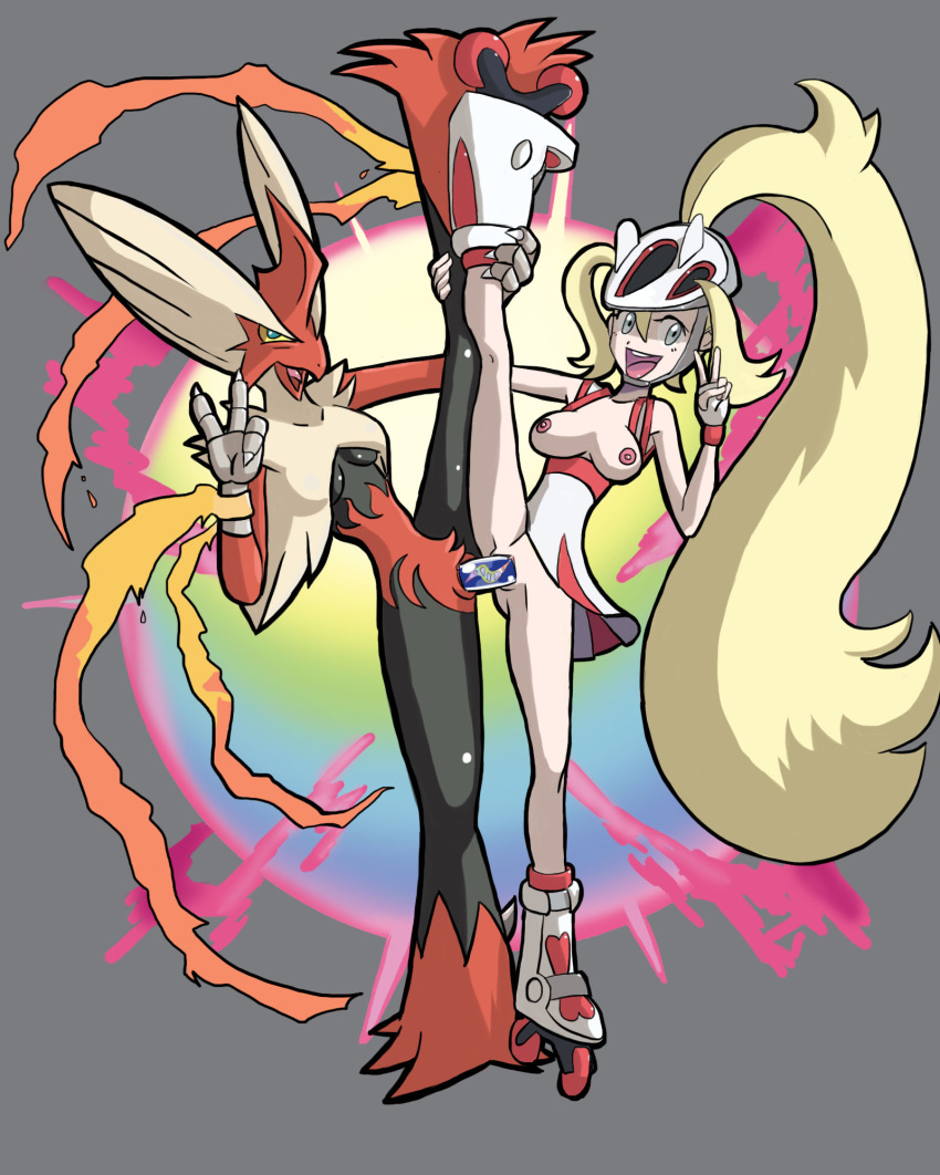 2girls animal_genitalia avian barefoot beak beige_skin bird black_fur blaziken blonde_hair blue_eyes breasts chicken claws clothed clothing dildo dress female footwear gesture grasp grey_background hair half-dressed happy headgear helmet hi_res high_resolution holding human interspecies korrina_(pokemon) long_hair mega_blaziken mega_evolution multiple_girls nintendo nude open_mouth parasite_(artist) pink_skin plain_background pokemon pokemon_(species) pokemon_xy pokephilia pussy raised_arm raised_leg red_fur roller_skates sex_toy shadow shiny shoes skin smile spread_legs spreading teeth tongue toy v vaginal_penetration video_games wheel yellow_eyes yuri