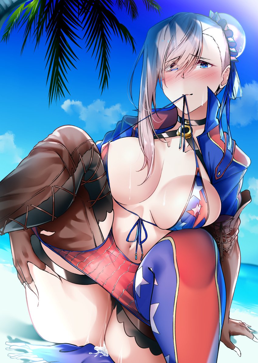 absurdres american_flag american_flag_bikini american_flag_print asymmetrical_gloves beach bikini blue_eyes blue_jacket blue_sky blush breasts brown_gloves bun_cover choker cleavage clothes_pull cropped_jacket cum cum_in_pussy cumdrip fate/grand_order fate_(series) female fingerless_gloves flag_print gloves hair_bun hair_ribbon highres jacket large_breasts len_(hand_linke) long_hair long_sleeves looking_at_viewer miyamoto_musashi_(fate) miyamoto_musashi_(swimsuit_berserker)_(fate) miyamoto_musashi_(swimsuit_berserker)_(second_ascension)_(fate) mouth_hold navel palm_tree pink_hair print_bikini ribbon shore shrug_(clothing) single_side_bun sitting sky solo swept_bangs swimsuit thighhighs thighs tree