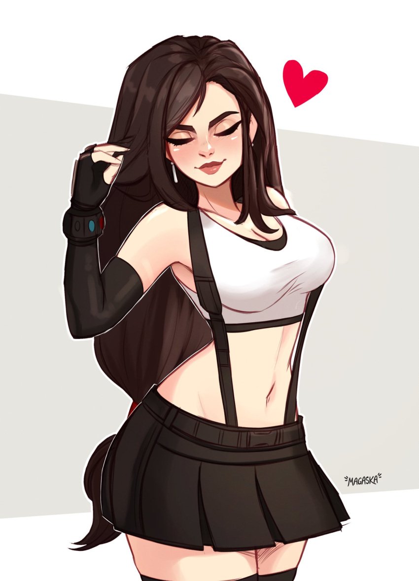 breasts content crop_top final_fantasy fully_clothed happy long_hair magaska19 skirt soothed thick_thighs thighhighs tifa_lockhart