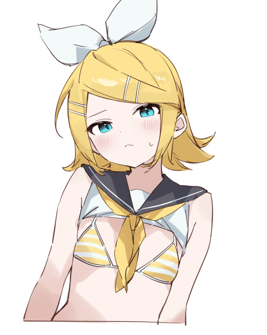 1girls :c blue_eyes blush bra hairbow kagamine_rin short_hair small_breasts solo solo_female vocaloid yellow_hair