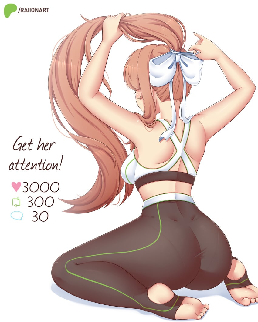 ass_focus black_leggings doki_doki_literature_club female fit_female gym_uniform leggings long_hair monika_(doki_doki_literature_club) raionart ribbon sports_bra stirrup_legwear white_bow white_ribbon