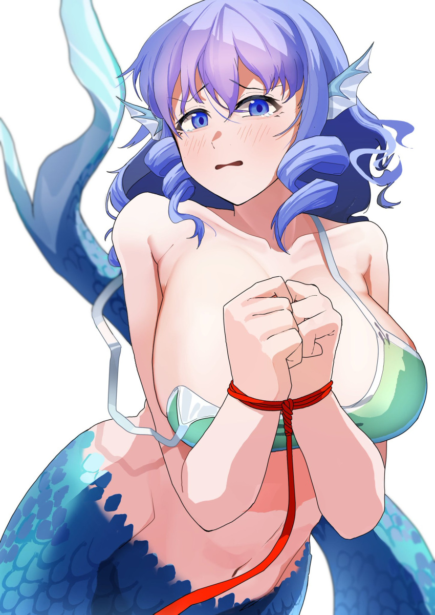 1girls big_breasts blue_eyes blue_hair bra breasts cleavage fish_girl head_fins light-skinned_female mermaid mermaid_tail solo solo_female tail tears tied_hands touhou urizaku3 wakasagihime wardrobe_malfunction white_background