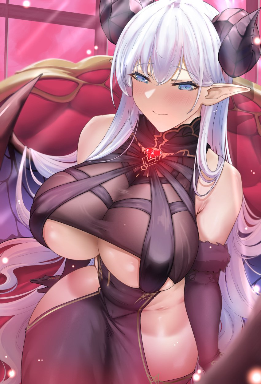 1girls albion_(azur_lane) albion_(silvermoon_faerie_princess)_(azur_lane) azur_lane bare_hips bare_shoulders blue_eyes blush breasts chair demon_girl demon_horns dress elbow_gloves female_only fur_trim hip_vent horns huge_breasts kymp light-skinned_female light_skin royal_navy_(azur_lane) solo underboob white_hair