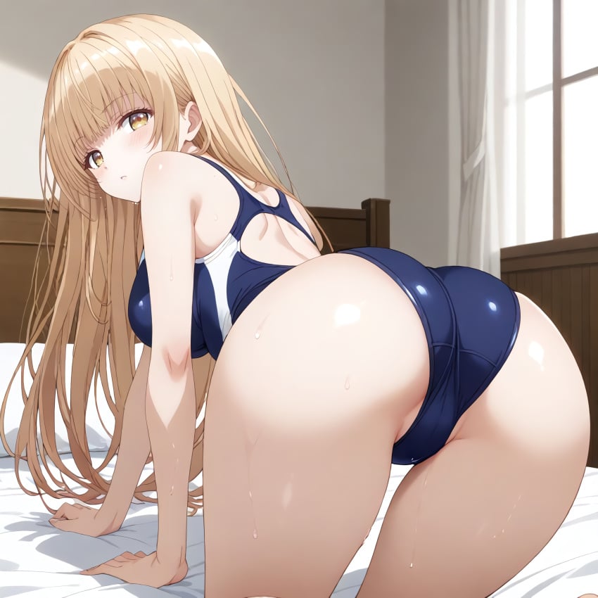 1girls ai_generated ass_focus big_ass blonde_hair blue_swimsuit golden_eyes long_hair looking_at_viewer on_all_fours on_bed otonari_no_tenshi-sama_ni_itsu_no_mani_ka_dame_ningen_ni_sarete_ita_ken shiina_mahiru solo solo_female swimsuit