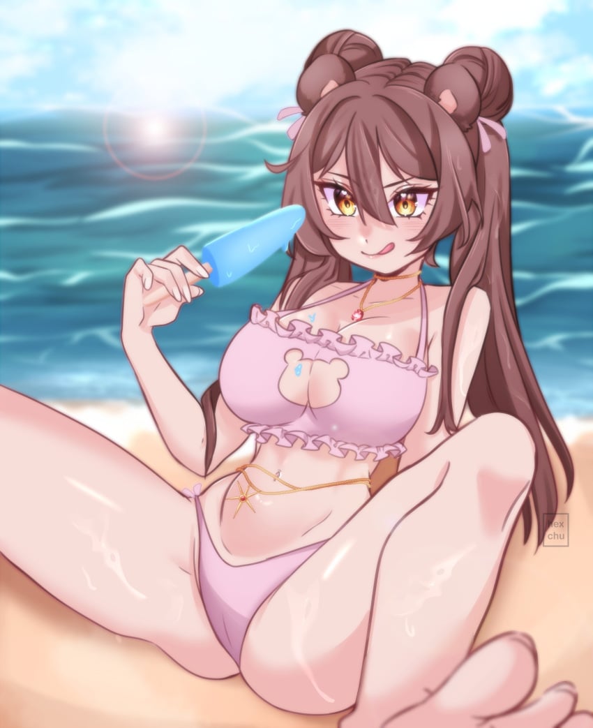 1girls :p animal_ears anime_nose arkythebear(vtuber) ass beach bear_ears bear_girl boob_window brown_hair cameltoe clothed female female_only humanoid jewelry large_breasts legs_apart long_hair navel_jewelry necklace no_visible_genitalia open_legs popsicle solo swimsuit thick_ass thick_thighs thighs thong tummy