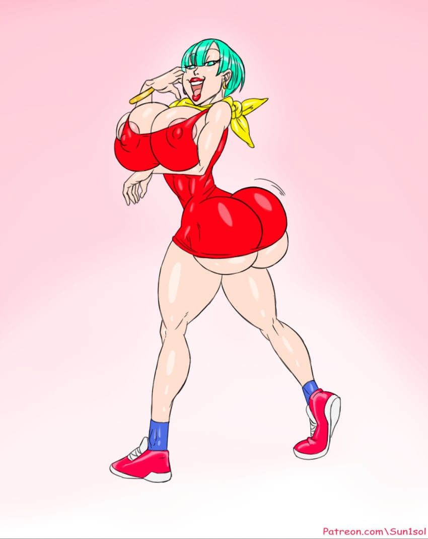 1female 1girls 2d ass ass_built_separately big_ass big_breasts big_butt blue_eyes blue_hair breasts bubble_ass bubble_butt bulma_briefs bulma_briefs_(majin_buu_saga) cyan_eyes cyan_hair dragon_ball dragon_ball_z female footwear full_color fully_clothed no_penetration solo solo_female sun1sol