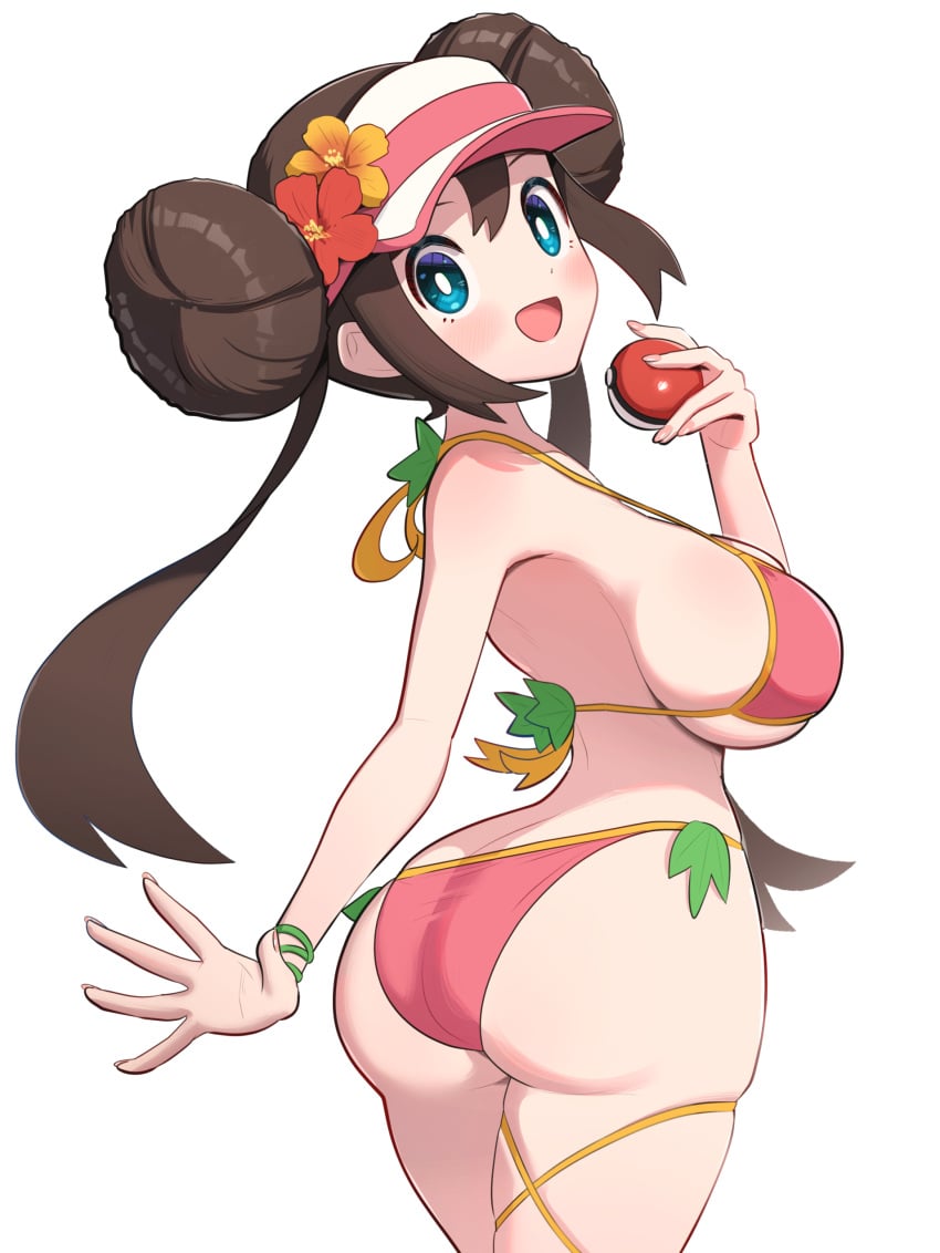 :d back_view bikini blush flower_on_hat gonzarez holding_poke_ball huge_ass ivy_(plant) large_breasts pokeball pokemon pokemon_bw2 rosa_(pokemon) smile thick_thighs