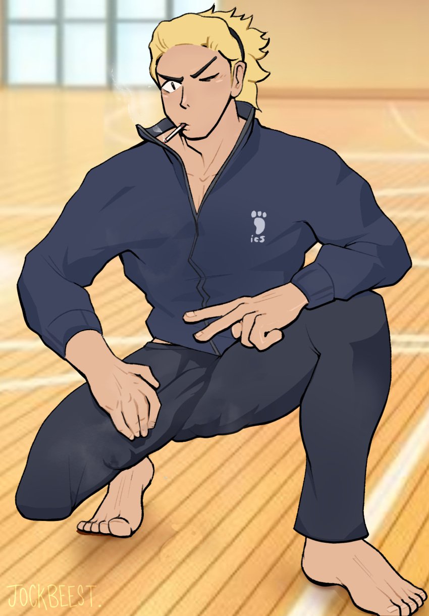 bara big_bulge blonde_hair bulge clothing erection_under_clothes haikyuu!! jockbeest male male_only muscular_male penis_outline penis_under_clothes tight_clothing ukai_keishin