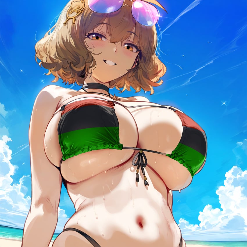 1girls ai_generated anis_(nikke) beach big_breasts bikini bikini_top breasts brown_eyes female female_only goddess_of_victory:_nikke himeno light-skinned_female light_skin looking_at_viewer looking_down pan-african_flag pan-african_flag_bikini short_hair solo thick