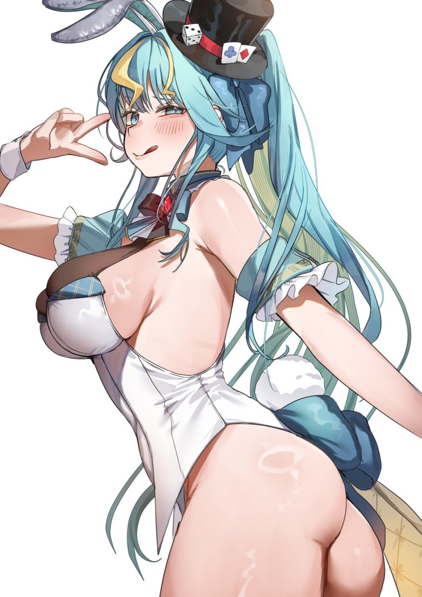 1girls ass blue_hair bunny_ears bunny_suit bunny_tail female female_only hat kaminari_clara large_breasts light-skinned_female light_skin looking_back phase_connect phase_connect_jp phase_kaleido sideboob solo takenoomoti v virtual_youtuber