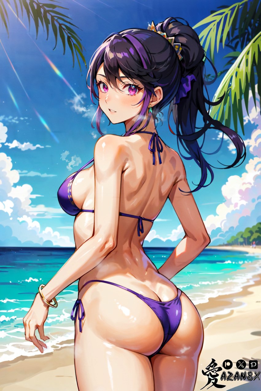 absurd_res ai_generated ass azanx8 beach_background bikini black_hair blush breasts earrings female hi_res kurosaki_ruri looking_at_viewer looking_back lulu_obsidian ponytail purple_hair rear_view red_eyes solo yu-gi-oh! yu-gi-oh!_arc-v