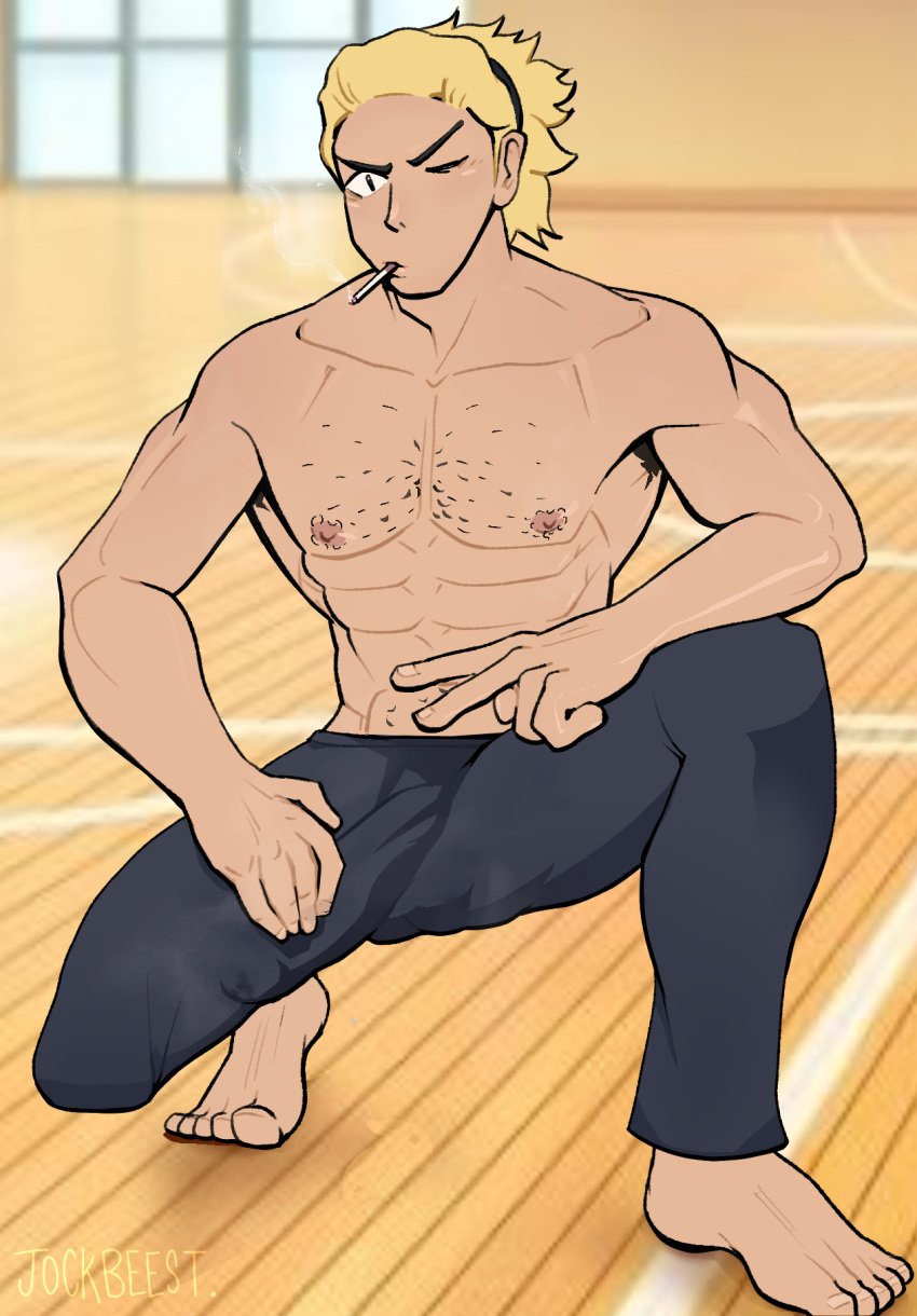 bara big_bulge blonde_hair bulge clothing erection_under_clothes haikyuu!! jockbeest male male_nipples male_only muscular_male nipples penis_outline tight_clothing ukai_keishin