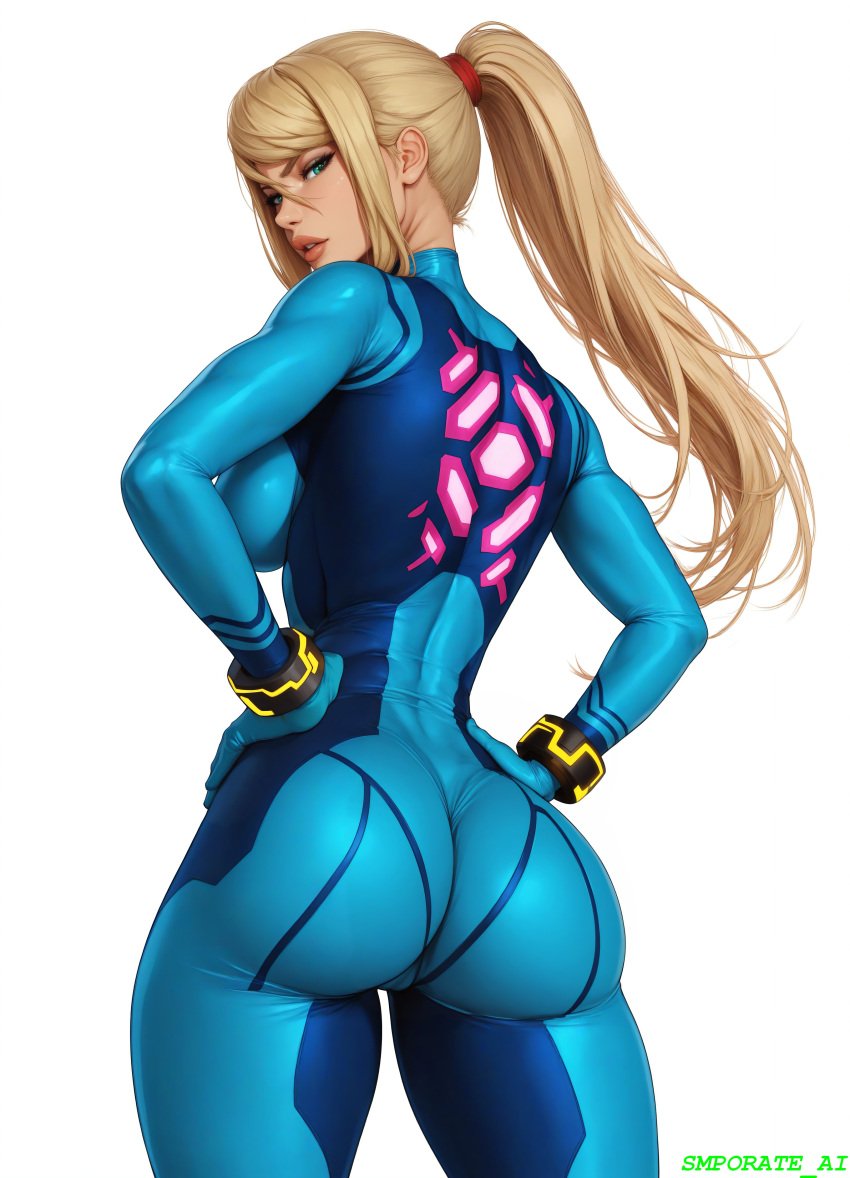 1girls ai_generated athletic_female big_ass big_breasts big_butt blonde_hair bodysuit curvy curvy_female elf_upload eye_contact female female_focus fit fit_female green_eyes hands_on_hips hi_res huge_ass huge_butt long_hair looking_at_viewer metroid nintendo pawg ponytail samus_aran seductive seductive_look seductive_pose smporate_ai stable_diffusion suit thick thick_ass thick_thighs zero_suit_samus