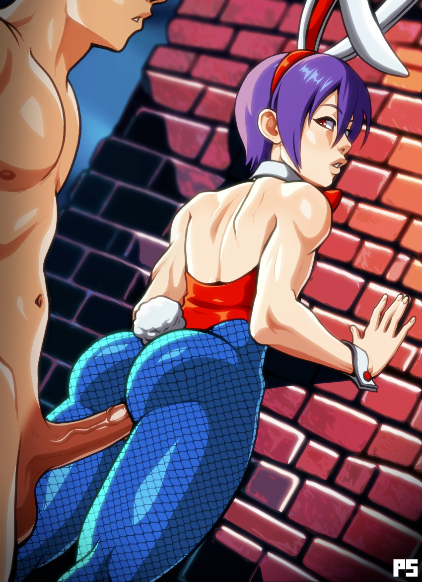 1boy 1girls absurd_res against_wall ass balls blue_pantyhose bunny_ears bunny_tail bunnysuit capcom clothed_female_nude_male darkstalkers detached_collar female fishnet_pantyhose forced_in_fabric from_behind leotard lilith_aensland looking_back male nude nude_male pantyhose penetration penetration_through_clothes penis pumpkinsinclair purple_hair red_eyes succubus vaginal_penetration wrist_cuffs