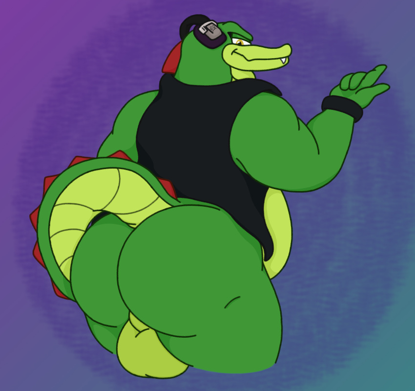 anthro ass backsack balls big_butt clothing crocodile crocodilian crocodylid electronics genitals gesture green_body hand_gesture headphones hi_res looking_at_viewer male multicolored_body pointing presenting presenting_hindquarters rear_view red_spines reptile scalie sega slightly_chubby slightly_chubby_male smile solo sonic_(series) sonic_the_hedgehog_(series) tail teeth topwear two_tone_body vector_the_crocodile vest waniiime_(artist) wristband yellow_eyes