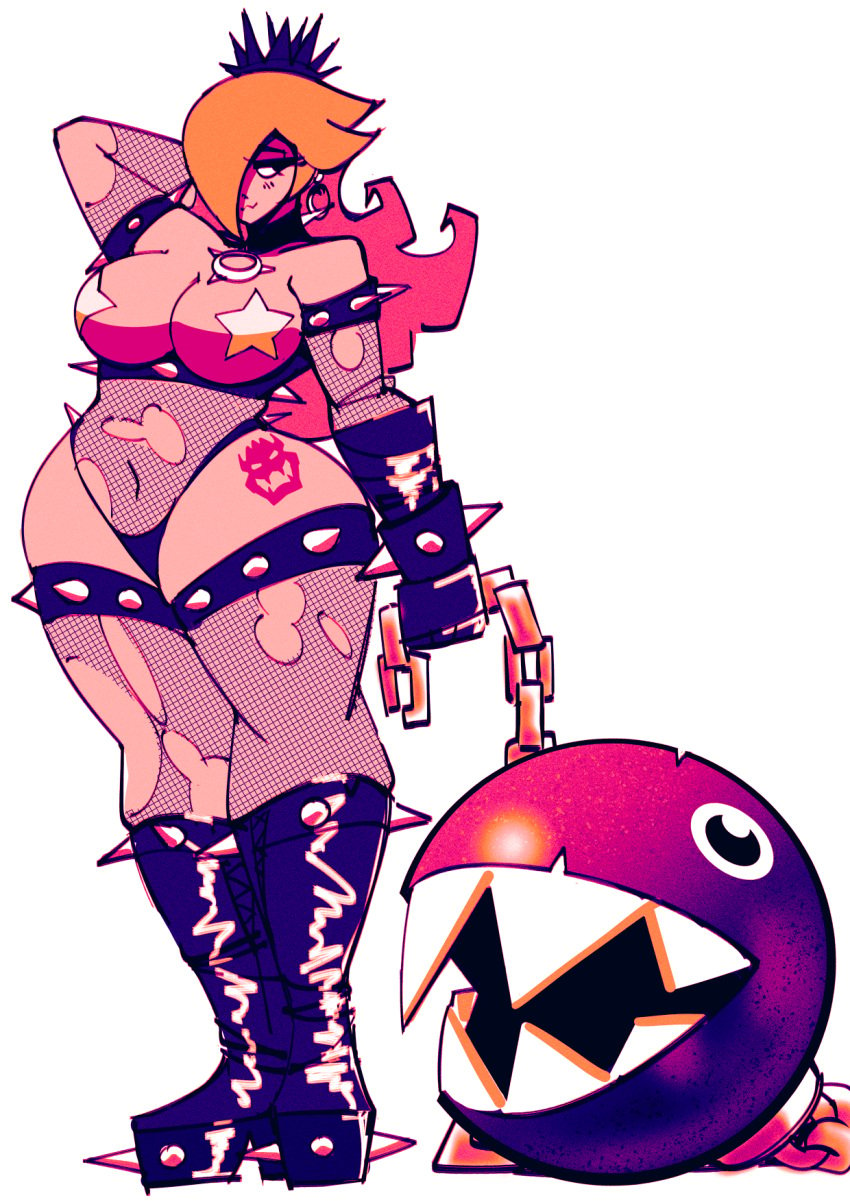 1girls arm_up bangs bangs_over_one_eye belly_button big_breasts blonde blonde_female blonde_hair boots bowser_logo bowser_tattoo breasts_out cdlum chain_chomp choker crown curvy curvy_figure earrings female fishnet_legwear full_body gloves goth goth_girl hair_over_one_eye holding_chain holding_leash hoop_earrings human leather_boots leather_gloves leotard light_skin light_skinned_female limited_palette long_hair mario_(series) navel pasties princess_rosalina solo_focus spiked_bracelet spiked_collar spiked_garter star_pasties thick_ass thick_thighs thighhigh_boots thighhighs torn_fishnet_clothing torn_fishnets torn_pantyhose wide_hips