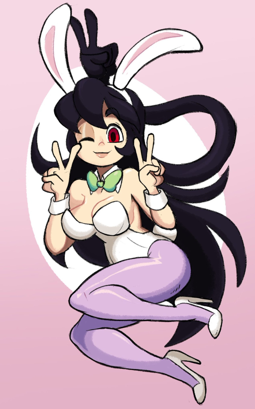 1girls black_hair breasts bunny_ears bunny_girl bunny_girl_outfit cleavage clothing dushon female female_only filia_(skullgirls) high_heels legwear long_hair looking_at_viewer peace_sign red_eye skullgirls solo solo_female voluptuous voluptuous_female