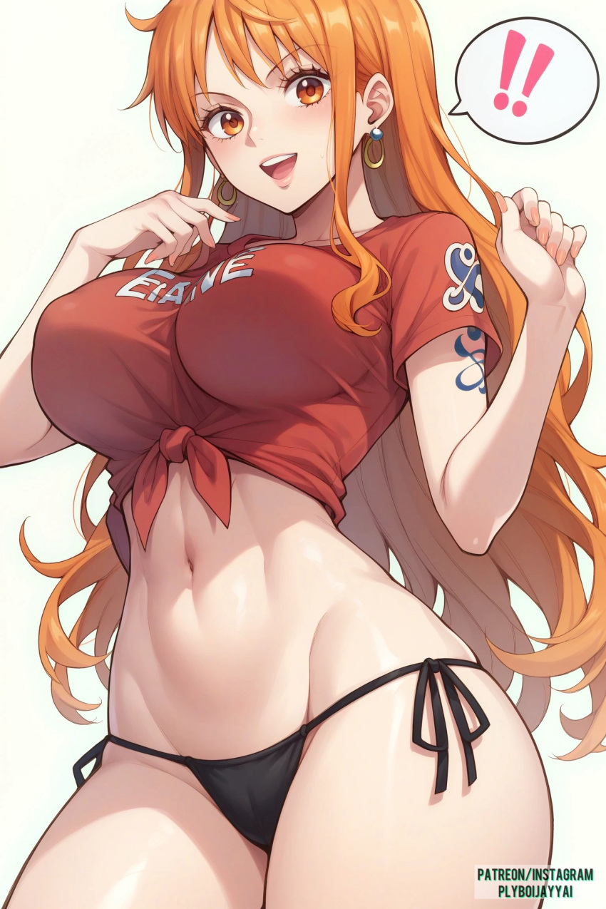 1girls ai_generated bare_legs bare_thighs big_breasts bikini_bottom clothed clothing color female female_focus female_only hi_res large_breasts light-skinned_female light_skin long_hair looking_at_viewer nami nami_(one_piece) one_piece orange_eyes orange_hair plyboijayyai post-timeskip shirt shounen_jump solo solo_female tagme tattoo thick_thighs