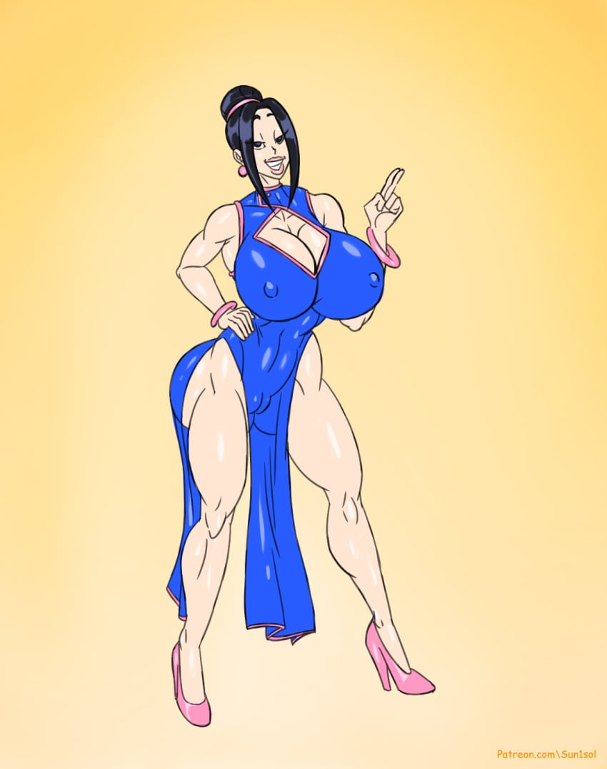 1female 1girls 2d ass big_ass big_breasts big_butt black_hair breasts chichi chichi_(bulma's_party) dragon_ball dragon_ball_z earrings female footwear full_color fully_clothed high_heels no_penetration solo solo_female sun1sol