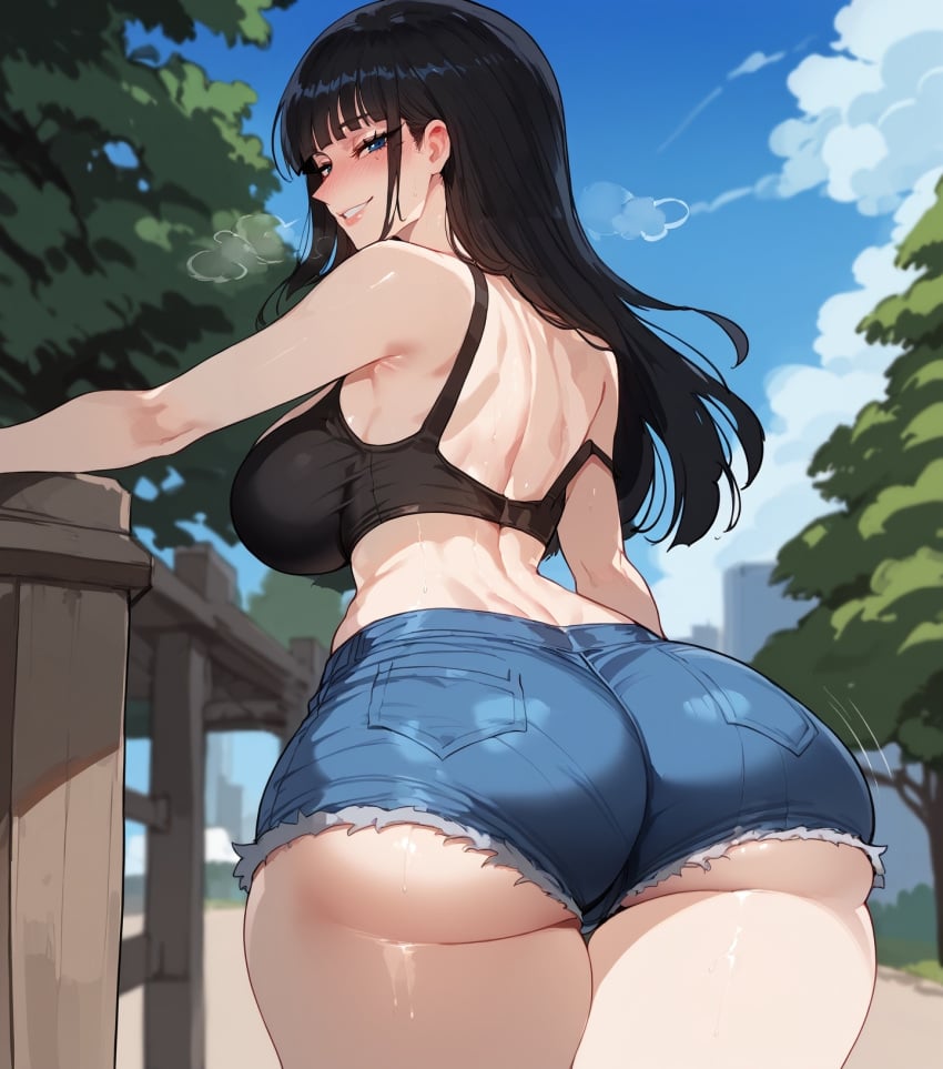 1girls ai_generated ass ass_focus back back_view bare_arms bare_legs bare_shoulders bare_thighs big_ass big_breasts big_butt black_hair blue_eyes blush clothed clothing color female female_focus female_only floppydisc hi_res jean_shorts large_breasts light-skinned_female light_skin long_hair looking_at_viewer nico_robin no_bra one_piece pre-timeskip shounen_jump solo solo_female tagme thick_thighs