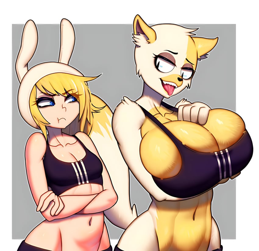 2023 2023s 2girls adventure_time anthro belly_button big_breasts big_eyes black_eyes blonde blonde_hair blonde_hair_female blue_eyes breast_envy breasts cake_the_cat cartoon_network cat_ears catgirl cleavage clothed clothing dogiflan feline female female_focus female_only fionna_and_cake fionna_campbell fionna_the_human_girl furry furry_breasts furry_female hbo_max human human_female medium_support_(meme) meme navel simple_background squeezing squeezing_breast tail teeth tongue tongue_out topwear