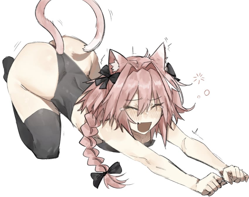 1boy arched_back ass_up astolfo_(fate) blush braid cat_ears catboy closed_eyes cute_fang fate/grand_order fate_(series) femboy kemonomimi leotard male motion_lines nabibutter open_mouth pale_skin pink_hair skin_fang solo stretching tail thick_ass thick_thighs thighhighs yawn