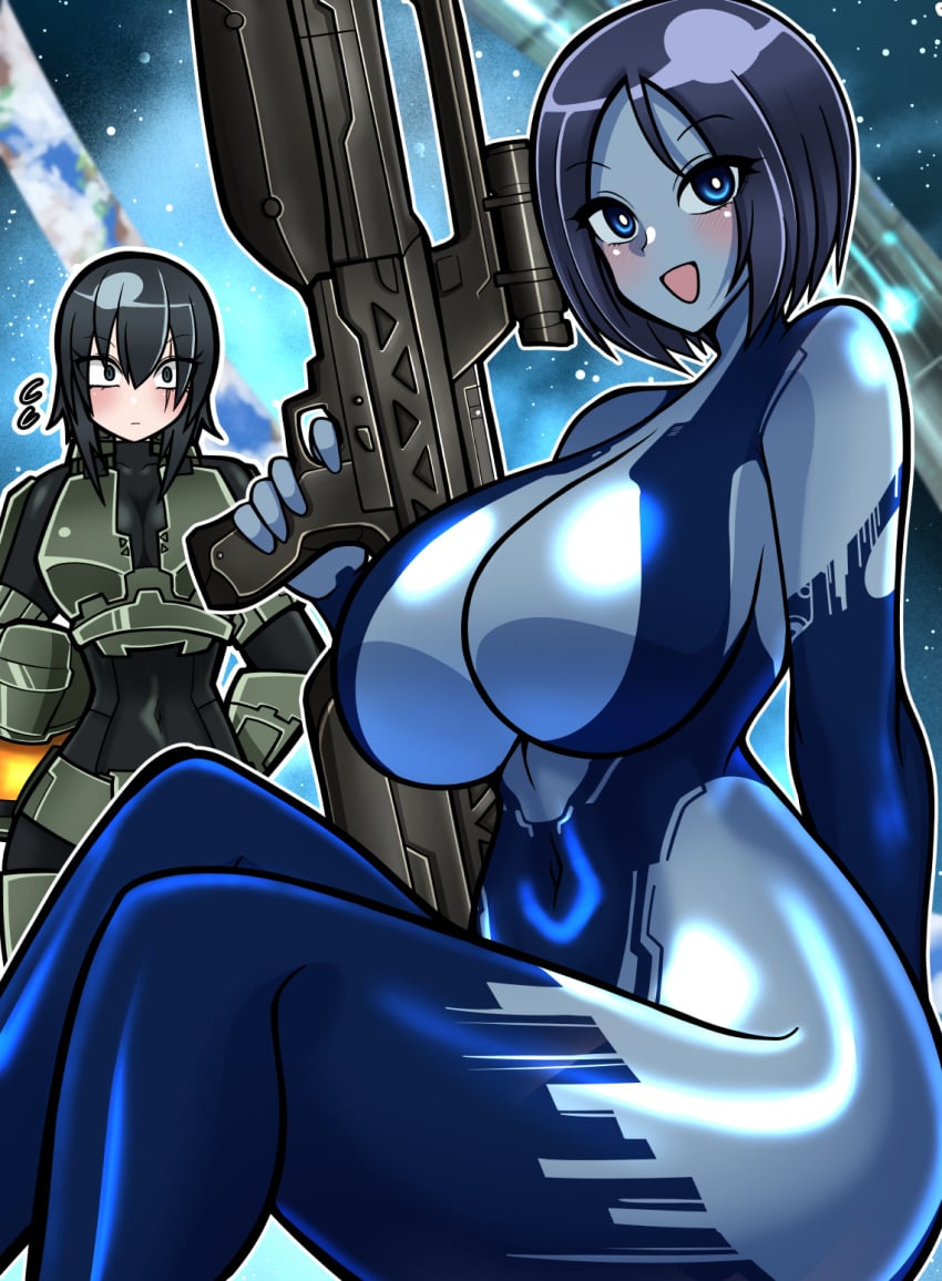 2024 2girls armor armored armored_female assault_rifle bewitching_thighs big_boobs big_breasts black_bodysuit black_hair black_hair_female blue_body blue_hair blue_hair_female blush bodysuit boobs busty busty_female cortana female female_only female_soldier female_spartan_(halo) females_focus females_only genderbent girls gun halo_(series) halo_ring holding_rifle huge_breasts iriomote_umineko large_boobs large_breasts long_gun master_chief microsoft mouth_open open_mouth plump_thighs scar scar_across_eye scar_on_face scarred skintight soldier spartan_(halo) spartan_ii_(halo) thick_thighs unsc