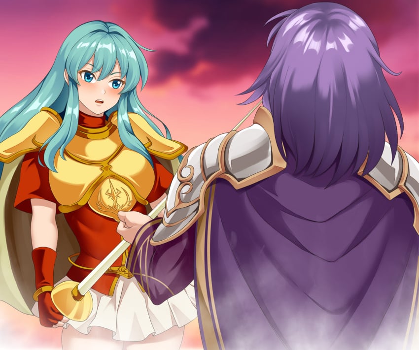 1boy 1girls aqua_hair armor bare_arms bare_thighs belt blue_eyes blue_hair breastplate breasts cape eirika_(fire_emblem) female fingerless_gloves fire_emblem fire_emblem:_the_sacred_stones gloves haryudanto holding holding_weapon long_hair lyon_(fire_emblem) male maledom medium_breasts medium_hair miniskirt nintendo outdoors purple_hair reaching_out shirt shocked short_sleeves shoulder_pads skirt steam sunset sword thick_thighs thighs very_long_hair weapon