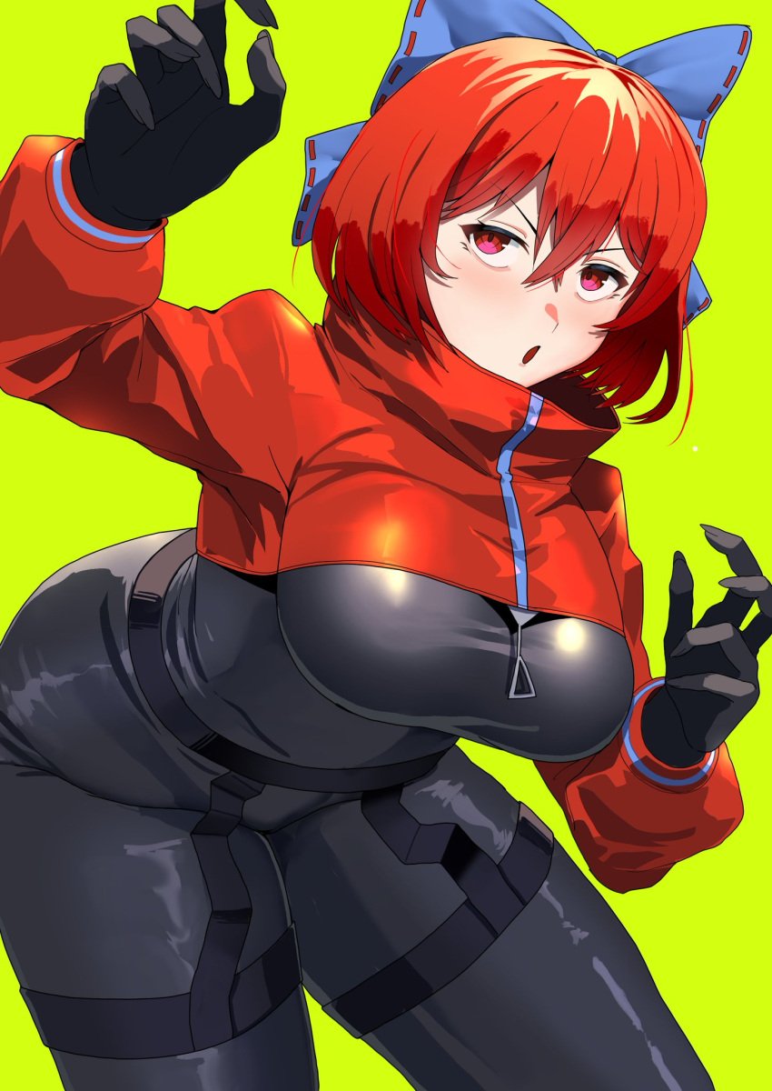 1girls akatsuki_records big_breasts bodysuit breasts clothed_female light-skinned_female red_eyes red_hair rock_n_rock_n_beat sekibanki solo solo_female thick_thighs thighs touhou urizaku3 yellow_background