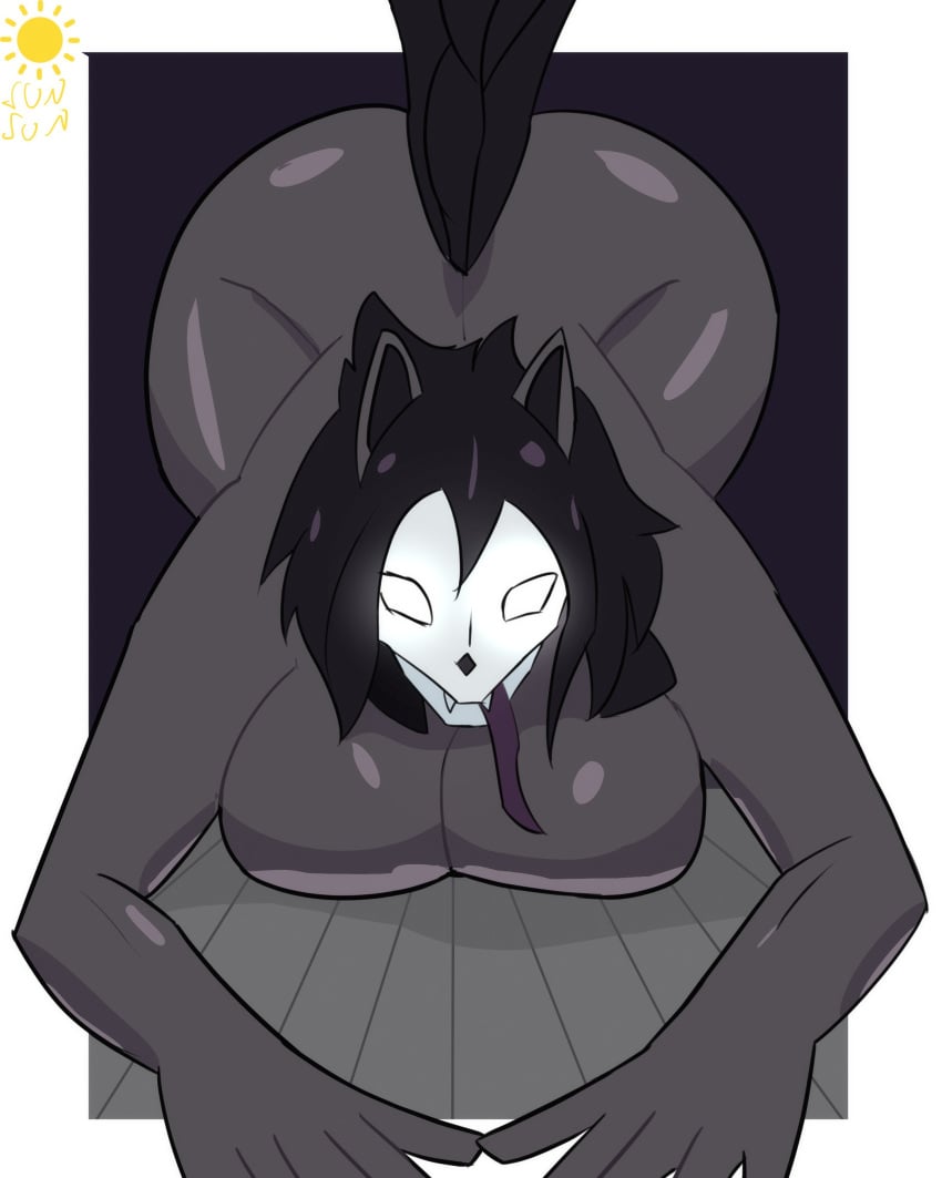 2024 absurd_res anthro ass big_breasts black_body black_fur black_hair bone breasts canid canine colored digital_media_(artwork) female female/female front_view fur hair hi_res humanoid looking_at_viewer malo mammal monster nude scp-1471 scp-1471-a scp_foundation shaded signature simple_background skull skull_head solo sunsunart18 tail tongue