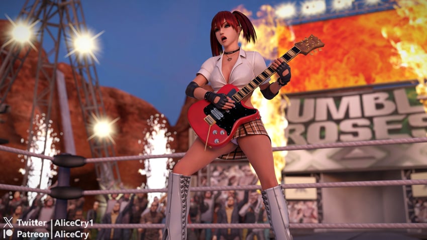 3d alicecry candy_cane_(rumble_roses) casual clothing female guitar human konami miniskirt musical_instrument open_shirt pale_skin panties public rebecca_welsh rumble_roses tagme wardrobe_malfunction