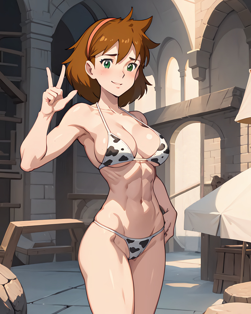 1girls abs ai_generated belly_button big_breasts big_cleavage bikini blush brick_wall brown_hair cleavage cow_print exposed_breasts female full_body green_eyes headband headwear hi_res jane_buxton large_breasts light-skinned_female light_skin looking_at_viewer nipples patapata_hikousen_no_bouken peace_sign shittyartz short_hair smile smiling