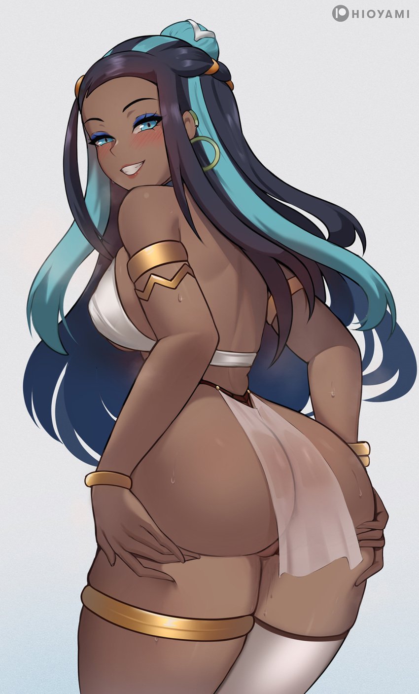 1girls ass black_hair blue_eyes breasts dancer_outfit dark-skinned_female dark_skin dat_ass eyeshadow female female_only hioyami hips huge_ass large_breasts long_hair naughty_face nessa_(pokemon) nintendo pokemon pokemon_ss smile solo thick_thighs thighs wide_hips