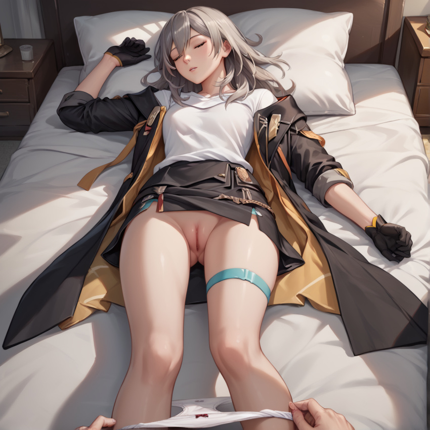 1girls ai_generated grey_hair honkai:_star_rail honkai_(series) macorony panties panties_down pussy sleeping stelle_(honkai:_star_rail) uncensored