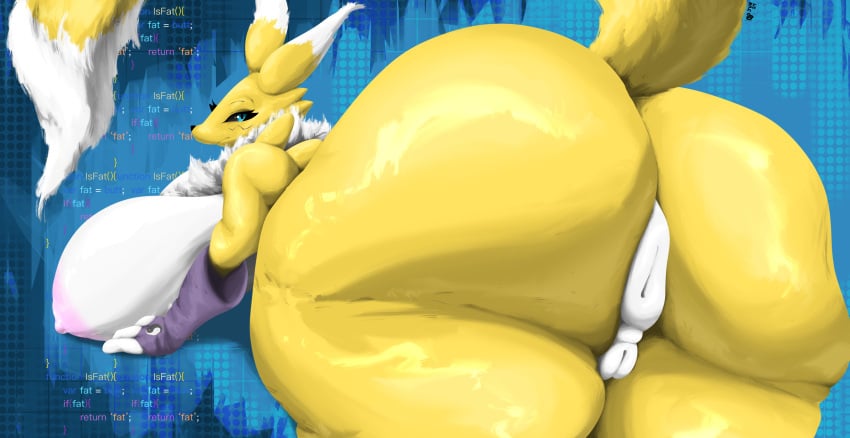 absurd_res anthro anus areola ass bandai_namco big_breasts big_butt black_eyes breasts clothing digimon digimon_(species) digital_media_(artwork) female fur genitals hi_res looking_at_viewer mop_(artist) nipples nude presenting presenting_hindquarters puffy_anus pussy renamon solo tail text thick_thighs white_body yellow_body