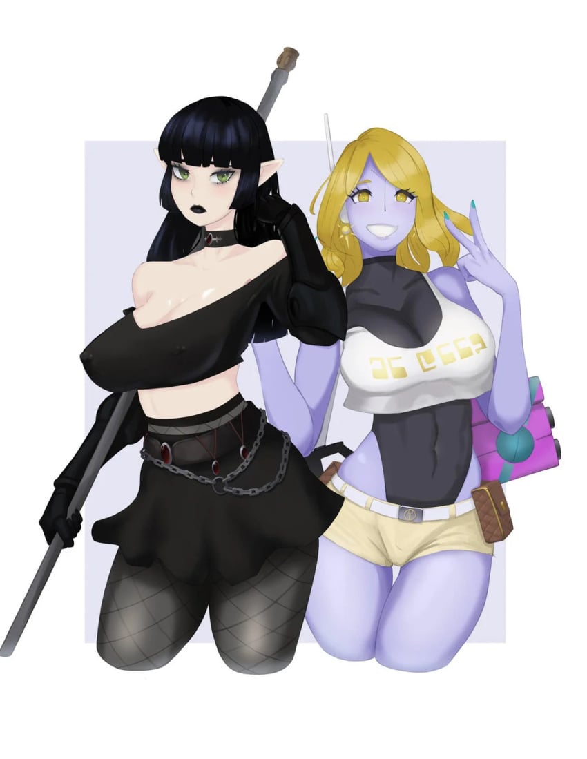 2girls aeldari alien alien_girl bimbo black_clothing black_hair black_lips black_lipstick blonde_hair blue_nail_polish blue_skin blue_skinned_female boob_window chains choker cleavage cleavage_window eldar elf_ears eyeshadow farseer gem gloves gold_eyes goth goth_girl green_eyes gun gyaru implied_lesbian jewelry leotard lipstick long_hair makeup mynameisrobotjones nail_polish pale-skinned_female pale_skin plasma_gun plasma_rifle pointy_ears psychic psyker purse revealing revealing_clothes short_shirt shorts skimpy skimpy_clothes skirt smiling staff tau tight_clothes tight_clothing warhammer_(franchise) warhammer_40k xenophilia yellow_eyes