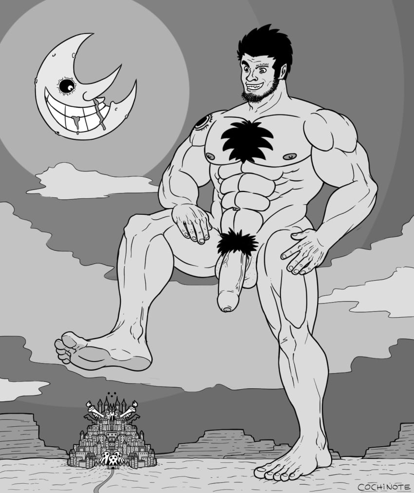 balls bara beard chest_hair cochinote facial_hair flaccid free_(soul_eater) macro male male_only monochrome muscles muscular nude penis pointy_ears solo solo_male soul_eater werewolf