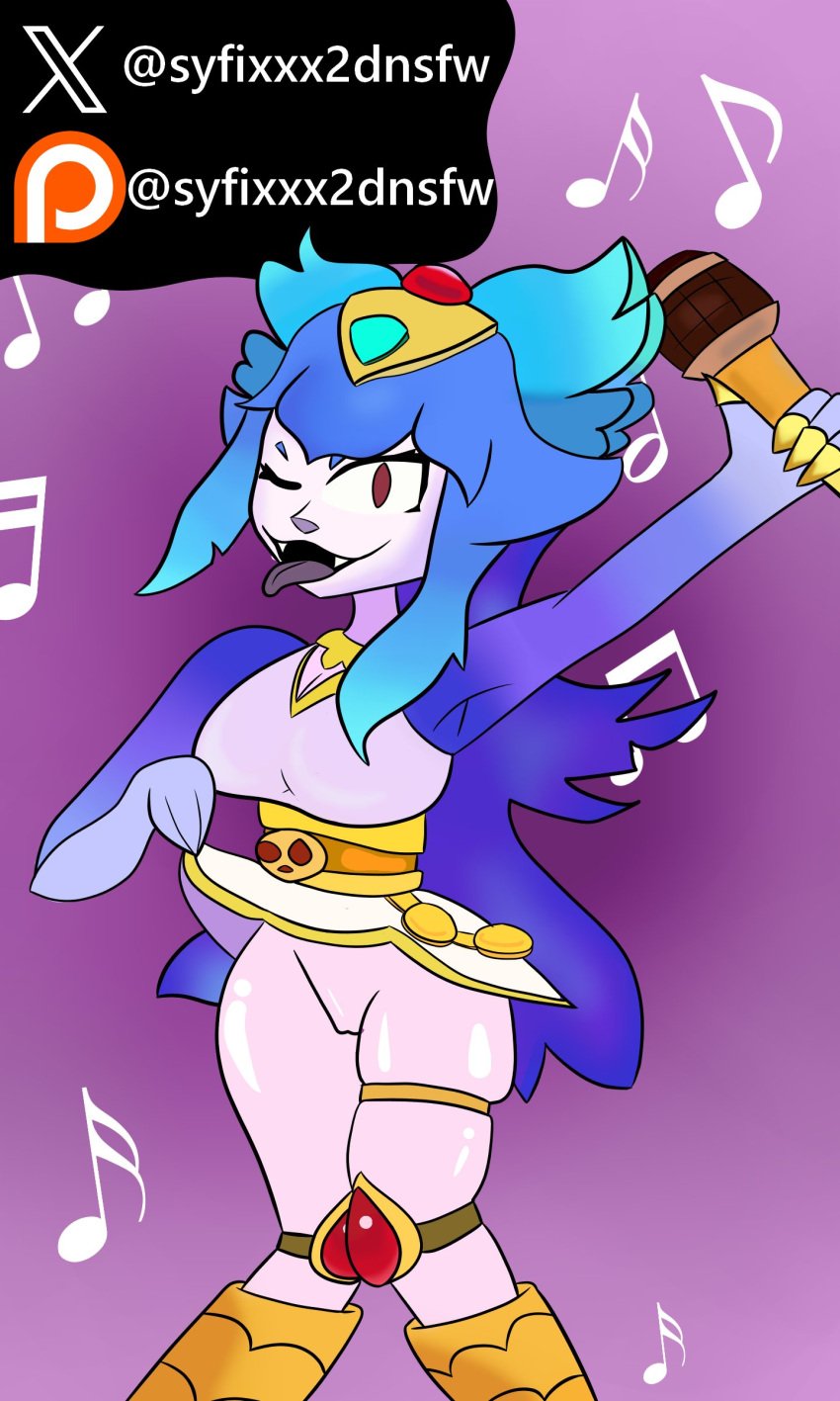 1girls ass_focus big_ass big_breasts big_thighs blue_body blue_hair boobs_and_butt_pose brawl_stars breasts female harpy_melodie_(brawl_stars) melodie melodie_(brawl_stars) red_eyes skirt skirt_lift whore