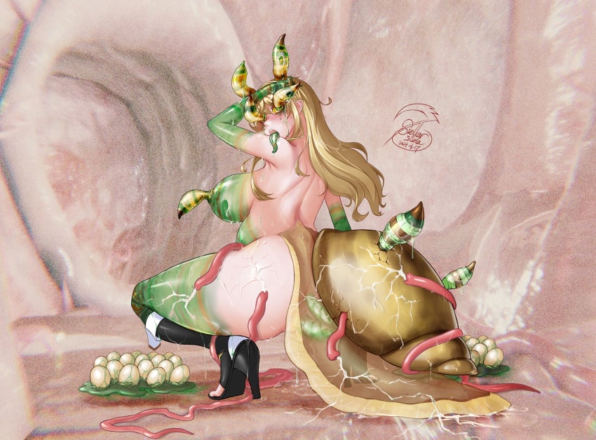 anthro back blonde_hair blue_eyes boots breasts cross egg entangled gore high_heel_boots high_heels humanoid large_breasts leucochloridium_paradoxum long_hair monster_girl monsterification no_humans non-human non-human_only nude original parasite pregnant snail tentacle tongue tongue_out transformation worm 谢拉卡姗娜_(stellar_xiela)